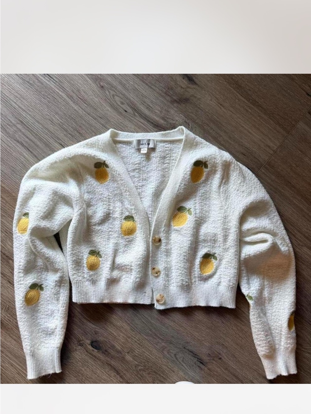 Anthropologie Sadie and Sage White Embroidered Lemon Cropped Cardigan Small